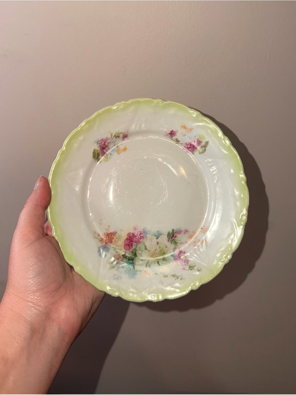 Vintage Floral Ceramic Salad Plate in Light Green Rim German